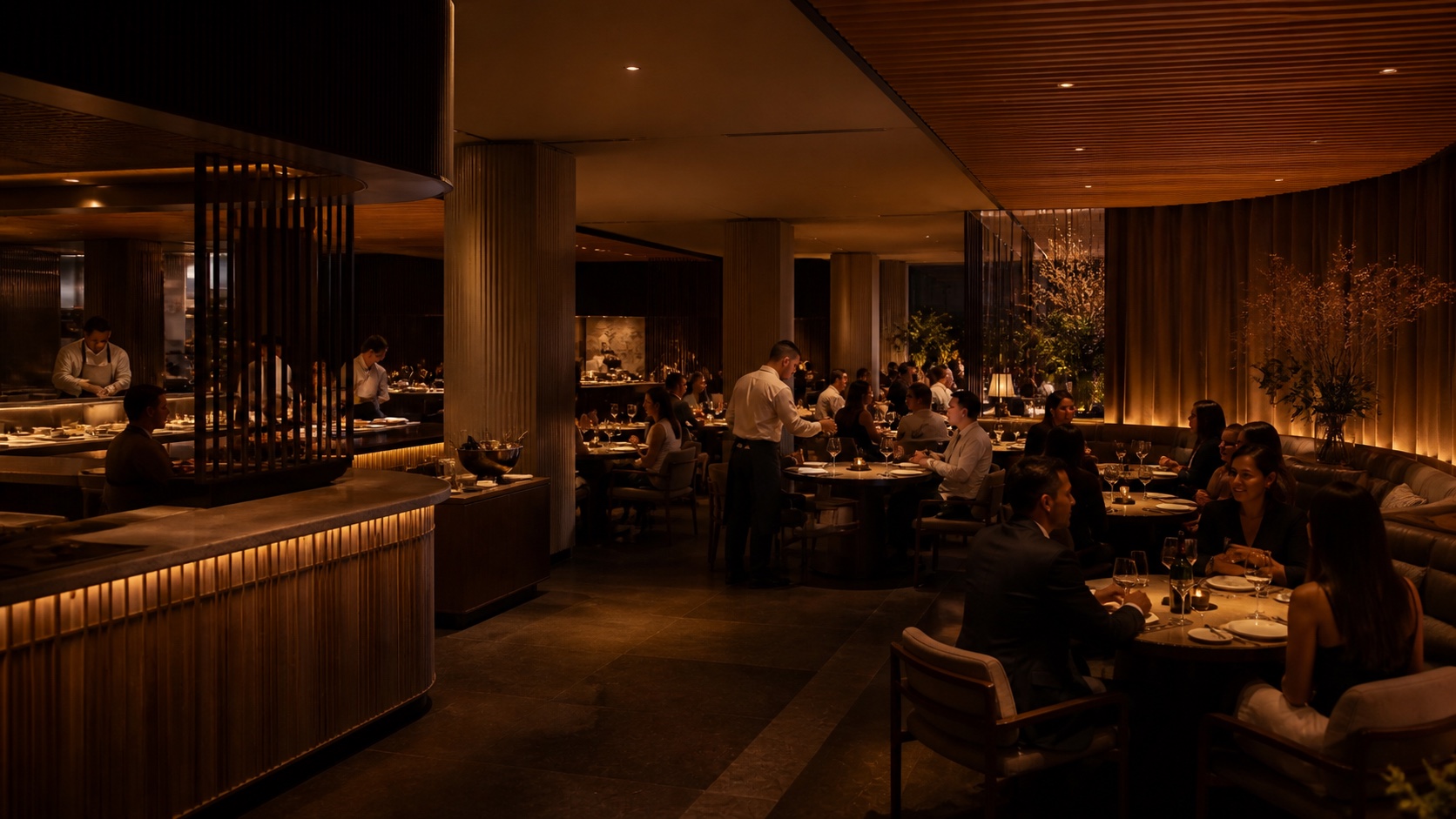 Restaurante premium em operação durante o jantar