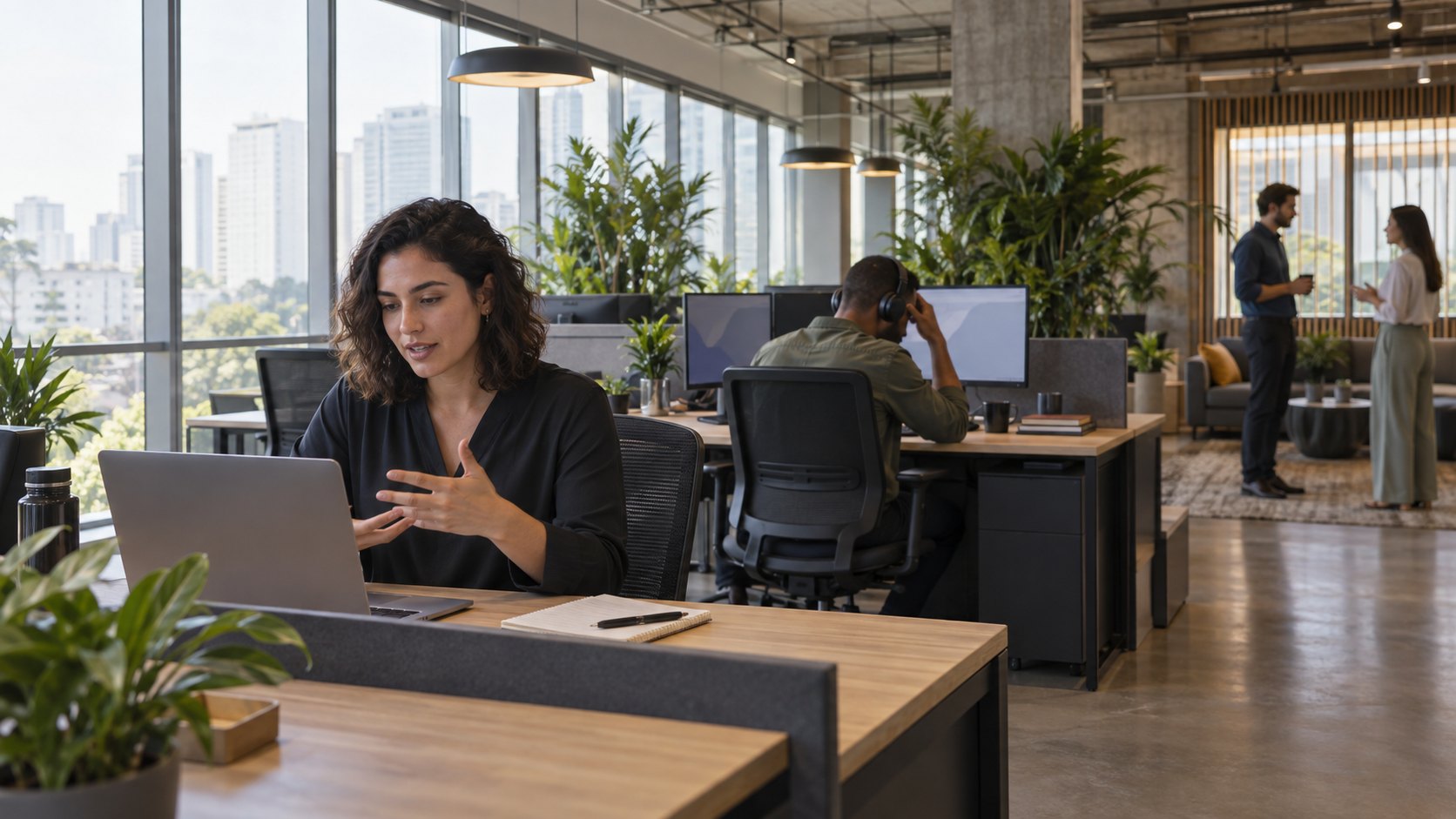 Open-plan office in operation: one person on a video call, another trying to concentrate with headphones and a conversation in the background