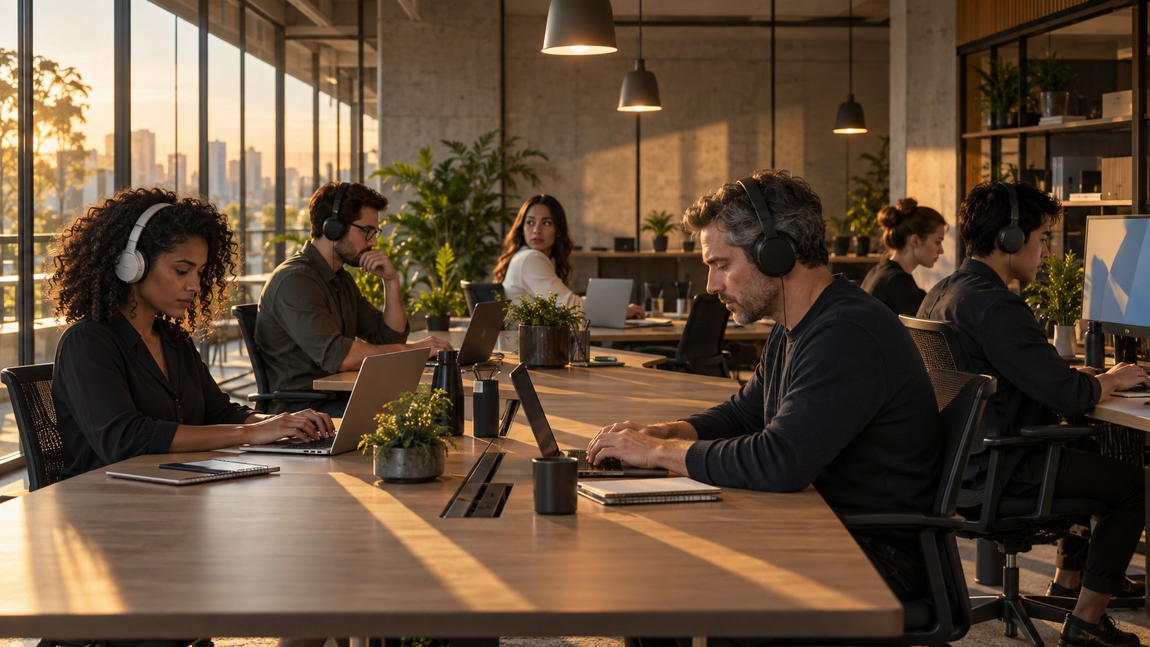 Quiet workspace in the late afternoon, with people concentrating in headphones and no conversation